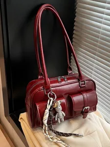 Vintage PU Leather Boston Bag For Women Large Capacity Shoulder Underarm Bag Minimalist Pillow Bag With Bear Charm For Daily