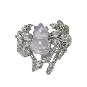 Vintage Silberring im chinesischen Stil mit lila Kürbisstein und Blumendesign