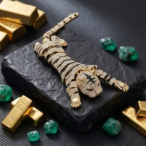 Exquisite gold-plated tiger brooch fully encrusted with white crystals and black enamel stripes