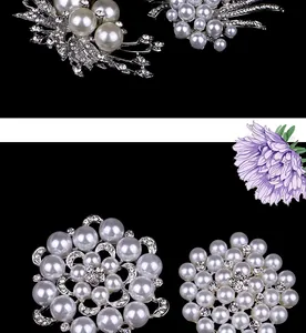 Detail view of elegant silver-toned brooches featuring pearls and shimmering rhinestones