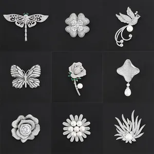 Copper Zirconia Artificial Pearl Brooch Pin Korean Style Insect Flower Dragonfly Butterfly Clover Rose Corsage Jewelry