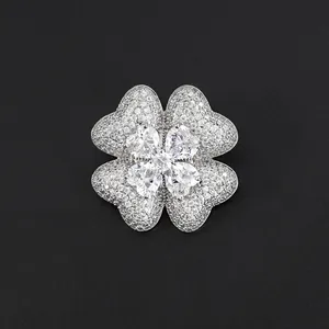 Sparkling silver-tone four-leaf clover brooch with clear micro-pave rhinestones