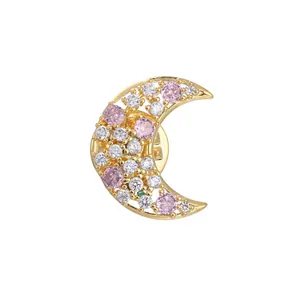 Elegant gold-plated crescent moon brooch with pink and clear cubic zirconia stones