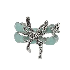 Einzigartiger offener Ring mit flüssigem Schmetterling im Punk-Stil und grünem Emaille