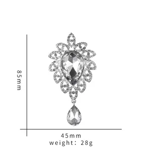 Waterdrop crystal brooch for coats with dimensions 85mm height and 45mm width specifications