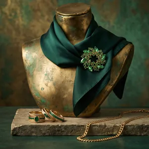 Elegant emerald green crystal wreath brooch and gold rings displayed on green silk scarf