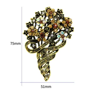 Large vintage gold flower bouquet brooch with colorful crystal rhinestones, 75mm x 51mm size