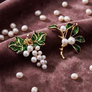 Elegant gold-tone pearl and green enamel grape and branch brooches for women accessory