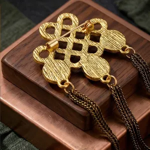 Vintage ethnic style gold plated Chinese knot brooch pin with long chain tassels for suits