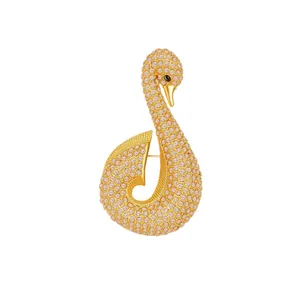 Elegante broche de cisne de lujo con pavé de cristales dorados para accesorio de abrigo