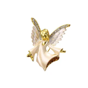 Vintage French style angel brooch with sparkling rhinestones and white enamel finish