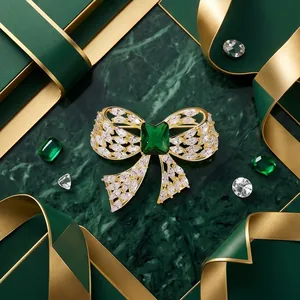 Elegant Bow Brooch Pin For Women Inlaid With Zirconia Korean Style Emerald Green Gold Plated Copper Brooches Accessory