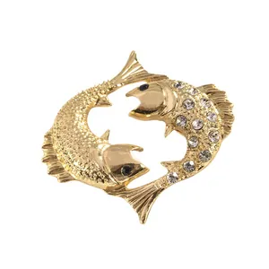 Spilla vintage del segno zodiacale Pesci in oro con strass scintillanti per abiti eleganti