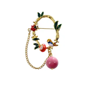 Vintage gold bird branch wreath brooch with hanging chain and pink pearl pendant for suits