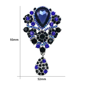 Detailed view of large blue water drop crystal brooch with dimensions 93mm x 52mm