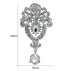 Ornate silver-tone waterdrop crystal brooch with clear rhinestones, size 95mm x 50mm
