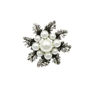 Vintage silver camellia flower brooch pin with white faux pearls for collar decoration