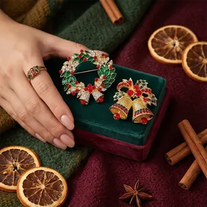 Exquisite Christmas wreath and bells brooch set with matching festive ring