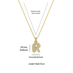 Technical specifications of gold plated iced-out letter R pendant necklace weight and size