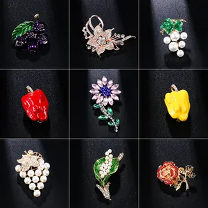 Creative Fruit Brooch Pin For Women Alloy Rhinestone Artificial Pearl Grape Apple Enamel Pin Elegant Clothing Accessories Gift