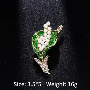 Elegant grape shaped brooch featuring green enamel leaves and white pearls for women