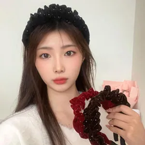 Sweet Autumn Winter ruched padded headband with elegant pearl embellishments detail