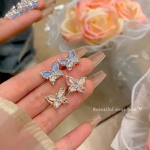 Fairy Butterfly Stud Earrings For Women 925 Sterling Silver Earring Post Alloy Rhinestone Pink Blue Cat Eye Stone Jewelry Accessories