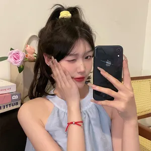 Sweet yellow knitted hair scrunchie for women with elastic dopamine style