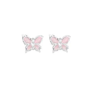 Elegant pink butterfly stud earrings for women with silver finish and sparkling gems.