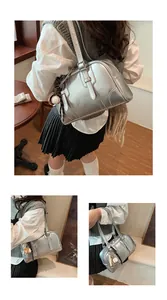 Multi-angle detailed views of a stylish silver metallic shoulder bag worn by a model
