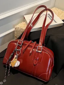 Vintage dark red large capacity faux leather tote bag with baseball keychain accessory