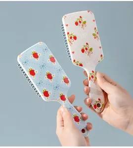 Close-up of two cute air cushion hairbrushes with strawberry and floral patterns in hand