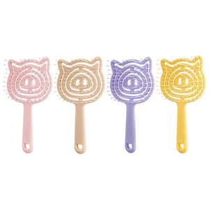 Cute pig shaped hollow massage hair brushes in four pastel colors on white background.