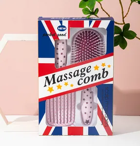 Close-up of retail packaging for star pattern hair massage comb set and scalp massagers