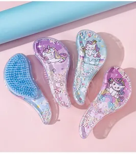 Group of cute cartoon unicorn detangling hairbrushes with colorful liquid glitter
