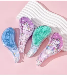 Cartoon unicorn detangling hairbrushes with colorful beads and pastel shades for girls