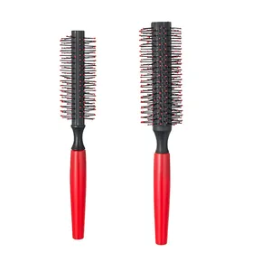 Set of professional round hairbrushes with red handles for styling and curling hair