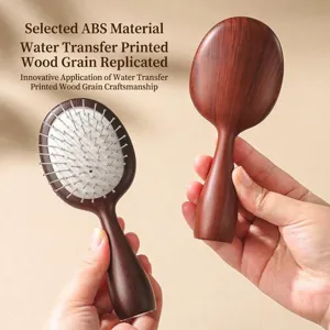 Portable wood grain cushion hairbrush with steel pins for scalp massage and detangling