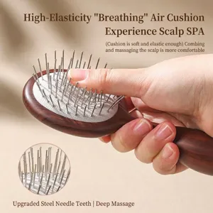 Professional wood grain massage hairbrush with steel pins and soft air cushion for scalp SPA
