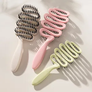 Boar Bristle Hollow Out Hair Brush Detangling Scalp Massage Comb For Women S-Shaped Ribbon Design Volumizing Professional Styling Tool