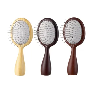 Set of three wood grain air cushion hairbrushes with steel pins for scalp massage