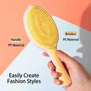 Cepillo de masaje capilar con forma de hoja para desenredar, púrpura y amarillo.