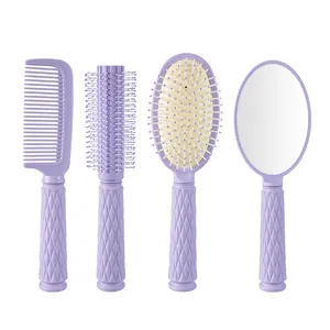 4-piece lavender hairbrush and mirror set with diamond textured handles