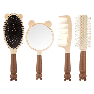 Professional 4-piece cartoon cat hair brush and mirror grooming set in beige and brown