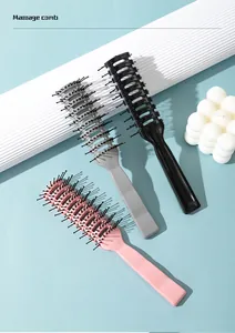 Close-up of curved vented massage hair brushes in pink, grey and black colors