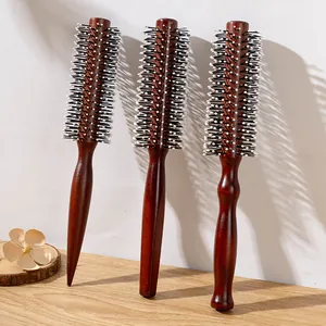 Professional Wooden Round Hair Brush Reddish Brown Solid Wood Handle Radial Styling Brush For Curling Volumizing Hair Styling Tools For Salon Home