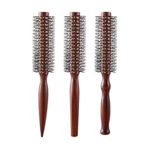 Set of three professional wooden round brushes for hair curling and salon styling tools