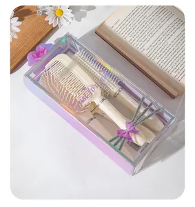 Primo piano di un set regalo di quattro spazzole per capelli in una scatola lilla