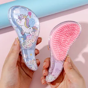Portable cartoon unicorn detangling hairbrush for girls and kids with colorful moving beads