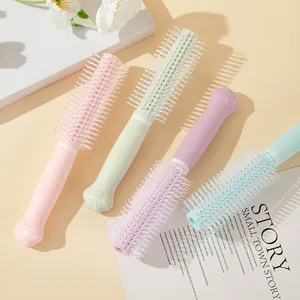 Cute Cat Claw Handle Round Barrel Curling Comb Plastic Hair Brush For Styling And Scalp Massage Macaron Color Hair Styling Tool